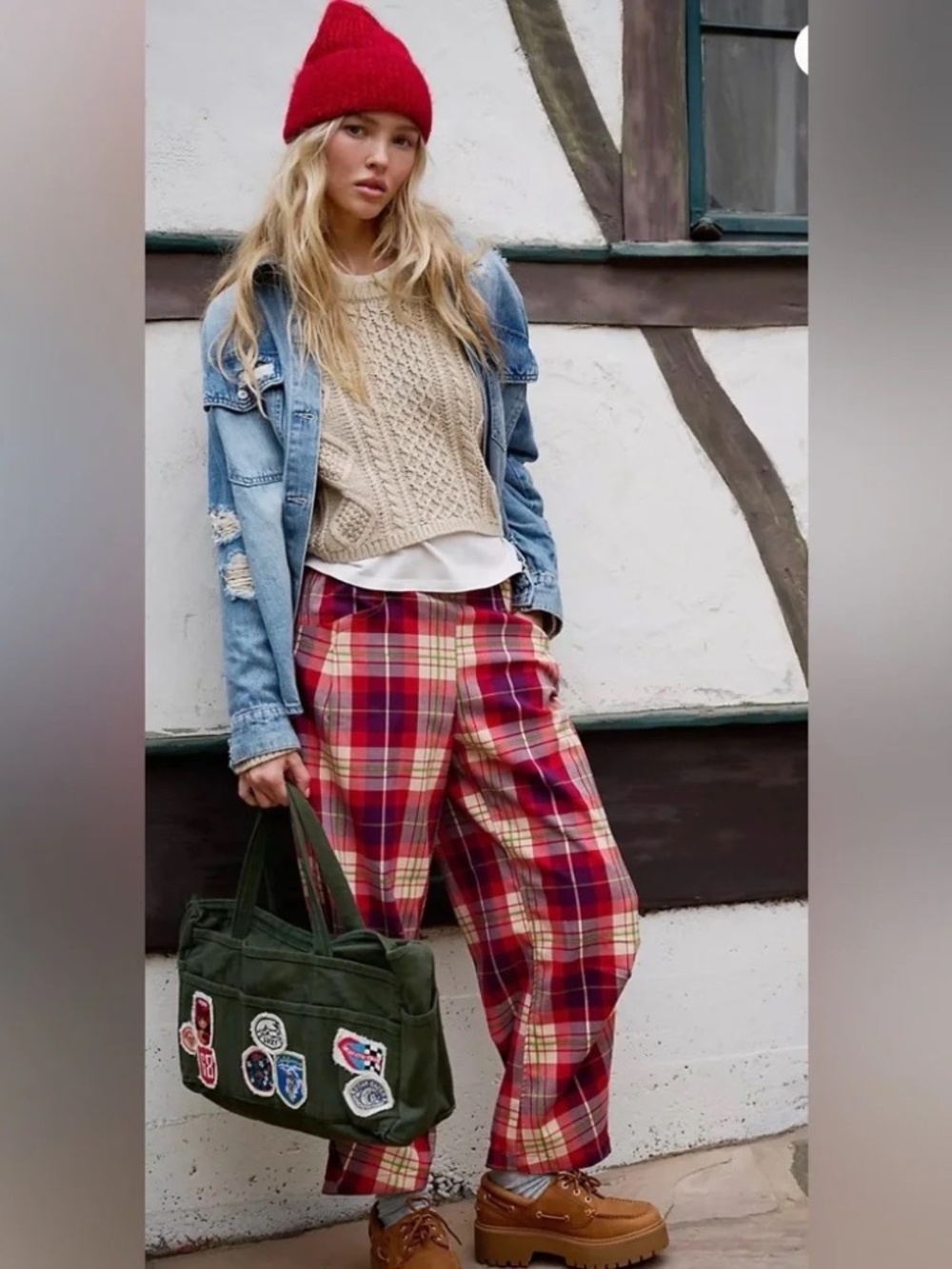 Free People Choice Lantern Plaid Barrel Pants in Wine Combo